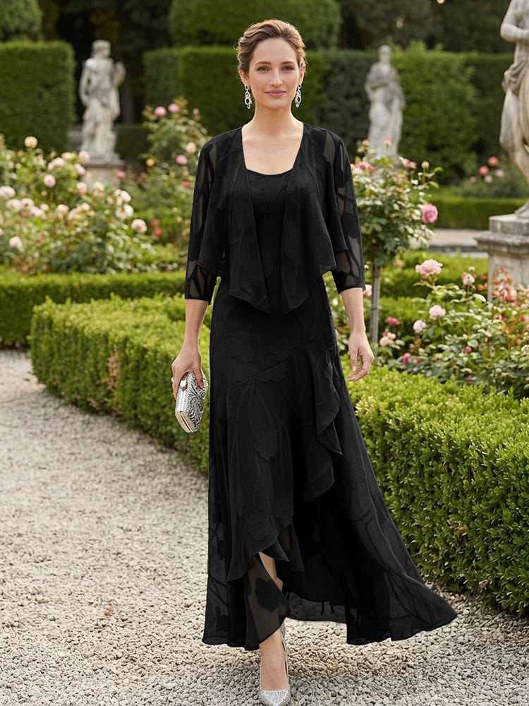 Chiffon Jacquard Ruffles 2 Pieces Mother of the Bride Dresses with Caps