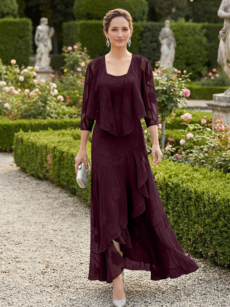 Chiffon Jacquard Ruffles 2 Pieces Mother of the Bride Dresses with Caps