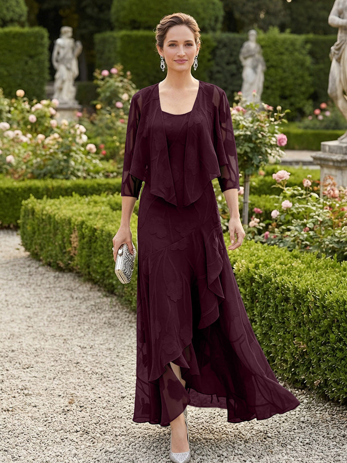 Chiffon Jacquard Ruffles 2 Pieces Mother of the Bride Dresses with Caps