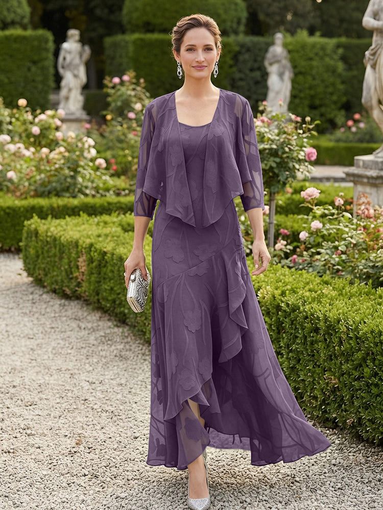 Chiffon Jacquard Ruffles 2 Pieces Mother of the Bride Dresses with Caps