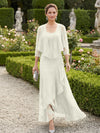 Chiffon Jacquard Ruffles 2 Pieces Mother of the Bride Dresses with Caps