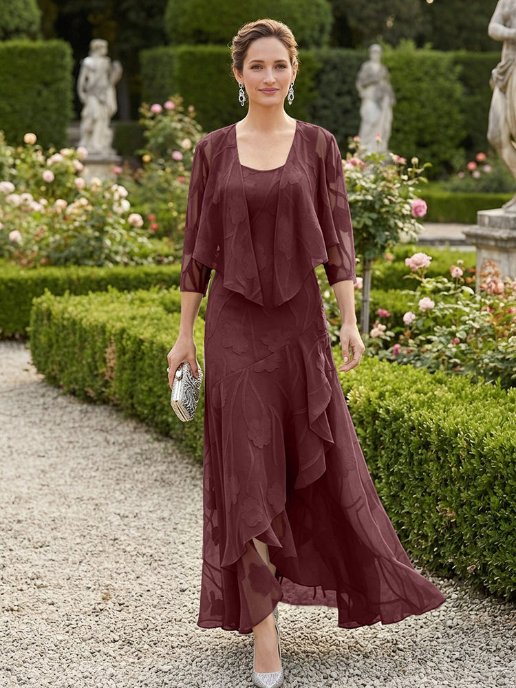 Chiffon Jacquard Ruffles 2 Pieces Mother of the Bride Dresses with Caps