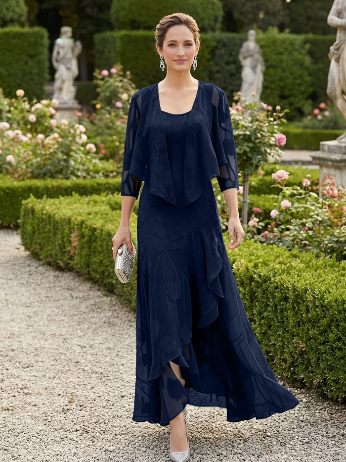 Chiffon Jacquard Ruffles 2 Pieces Mother of the Bride Dresses with Caps
