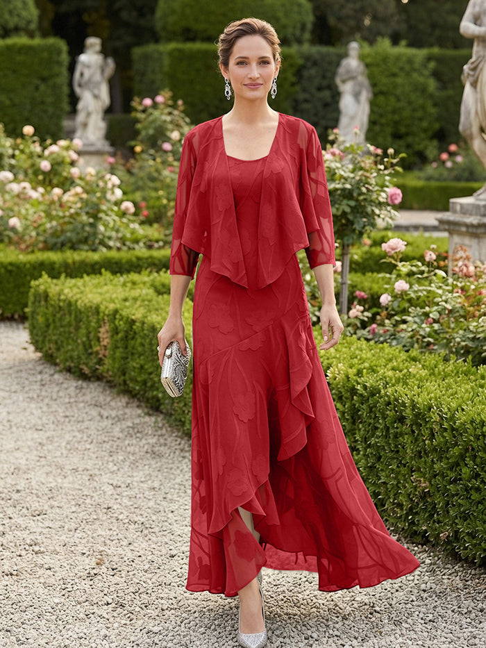 Chiffon Jacquard Ruffles 2 Pieces Mother of the Bride Dresses with Caps