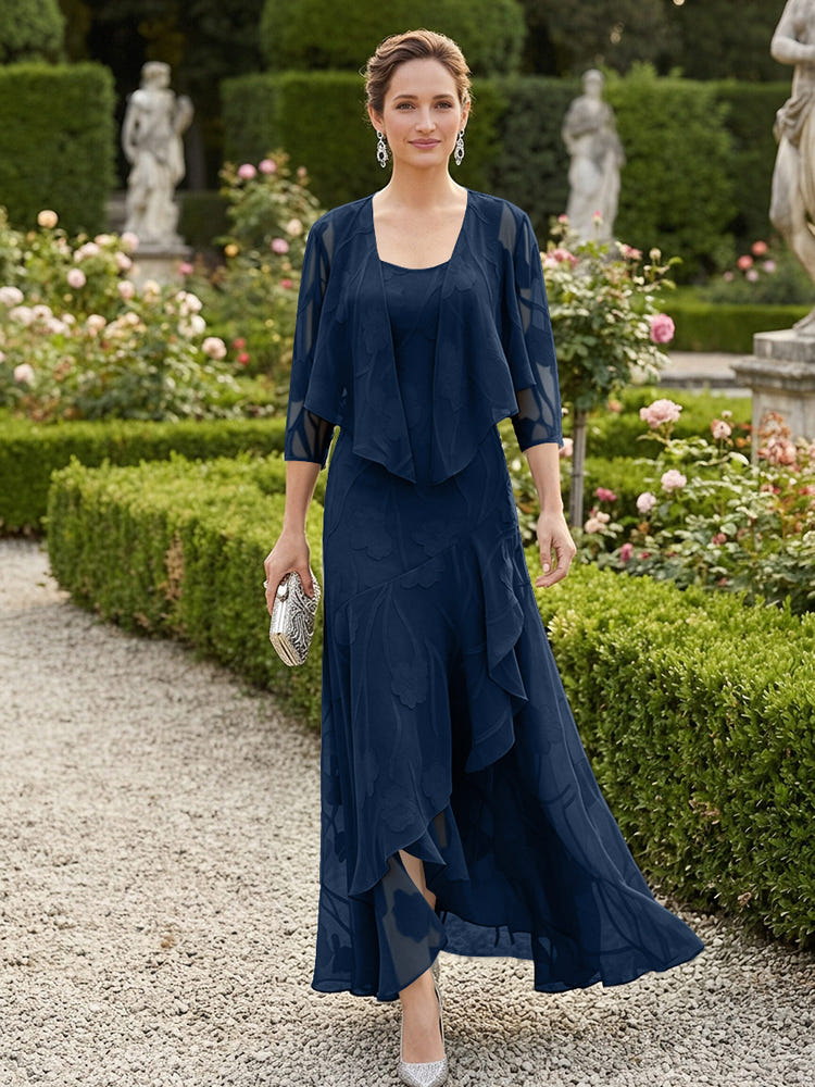 Chiffon Jacquard Ruffles 2 Pieces Mother of the Bride Dresses with Caps