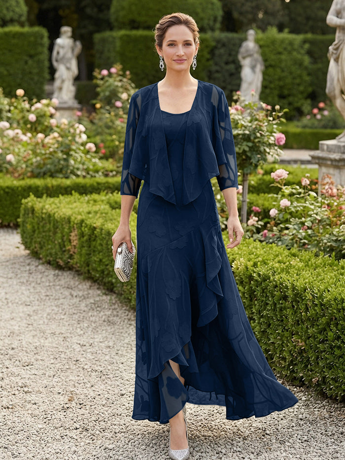 Chiffon Jacquard Ruffles 2 Pieces Mother of the Bride Dresses with Caps