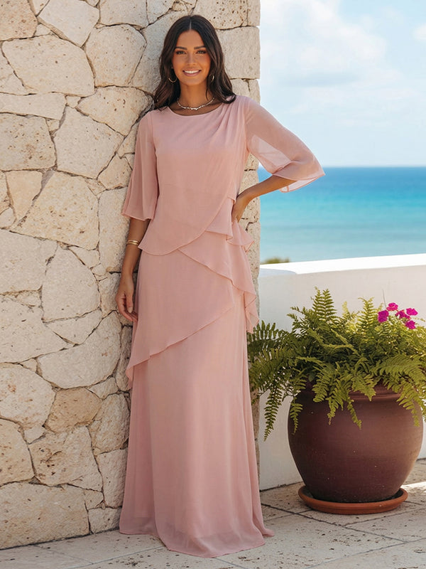 A Line Scoop Half Sleeves Simple Mother of the Bride Dresses with Ruffles