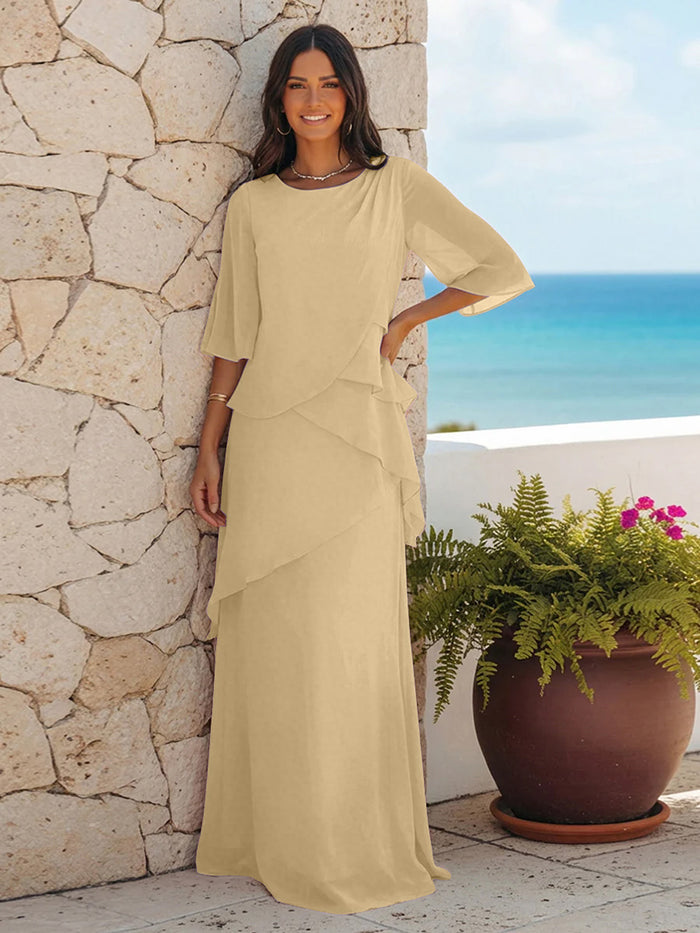 A Line Scoop Half Sleeves Simple Mother of the Bride Dresses with Ruffles