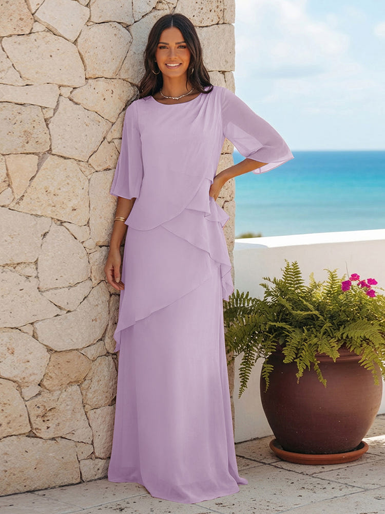 A Line Scoop Half Sleeves Simple Mother of the Bride Dresses with Ruffles