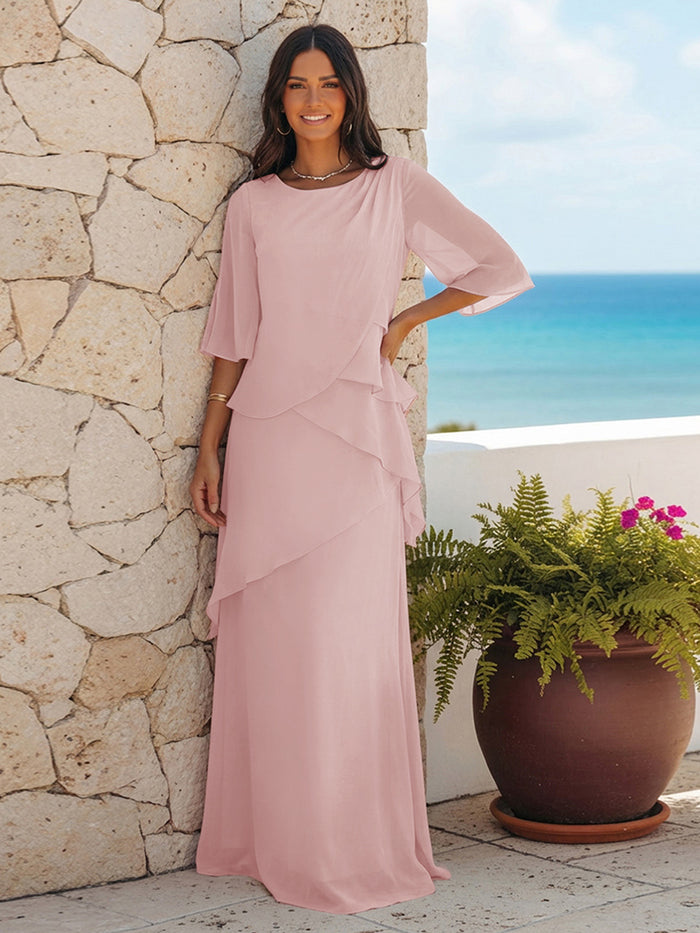 A Line Scoop Half Sleeves Simple Mother of the Bride Dresses with Ruffles