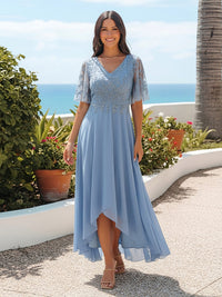 V Neck Half Sleeves Elegant Chiffon Mother of the Bride Dresses with Lace Appliques