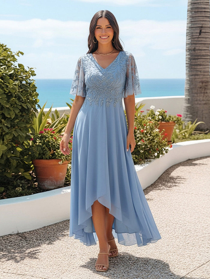 V Neck Half Sleeves Elegant Chiffon Mother of the Bride Dresses with Lace Appliques