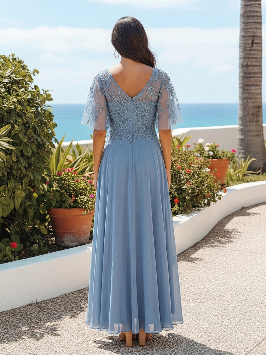 V Neck Half Sleeves Elegant Chiffon Mother of the Bride Dresses with Lace Appliques