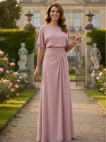 Chiffon Crew Neck Short Sleeves Pleated Mother of the Bride Dresses