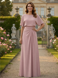 Chiffon Crew Neck Short Sleeves Pleated Mother of the Bride Dresses