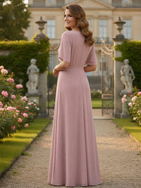 Chiffon Crew Neck Short Sleeves Pleated Mother of the Bride Dresses