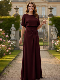 Chiffon Crew Neck Short Sleeves Pleated Mother of the Bride Dresses