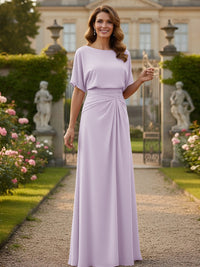Chiffon Crew Neck Short Sleeves Pleated Mother of the Bride Dresses