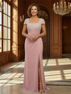 Lace Applique Square Neck Short Sleeves Mother of the Bride Dresses with Slit