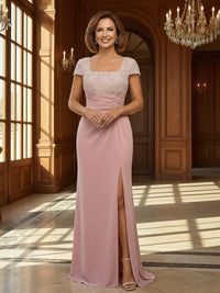 Lace Applique Square Neck Short Sleeves Mother of the Bride Dresses with Slit