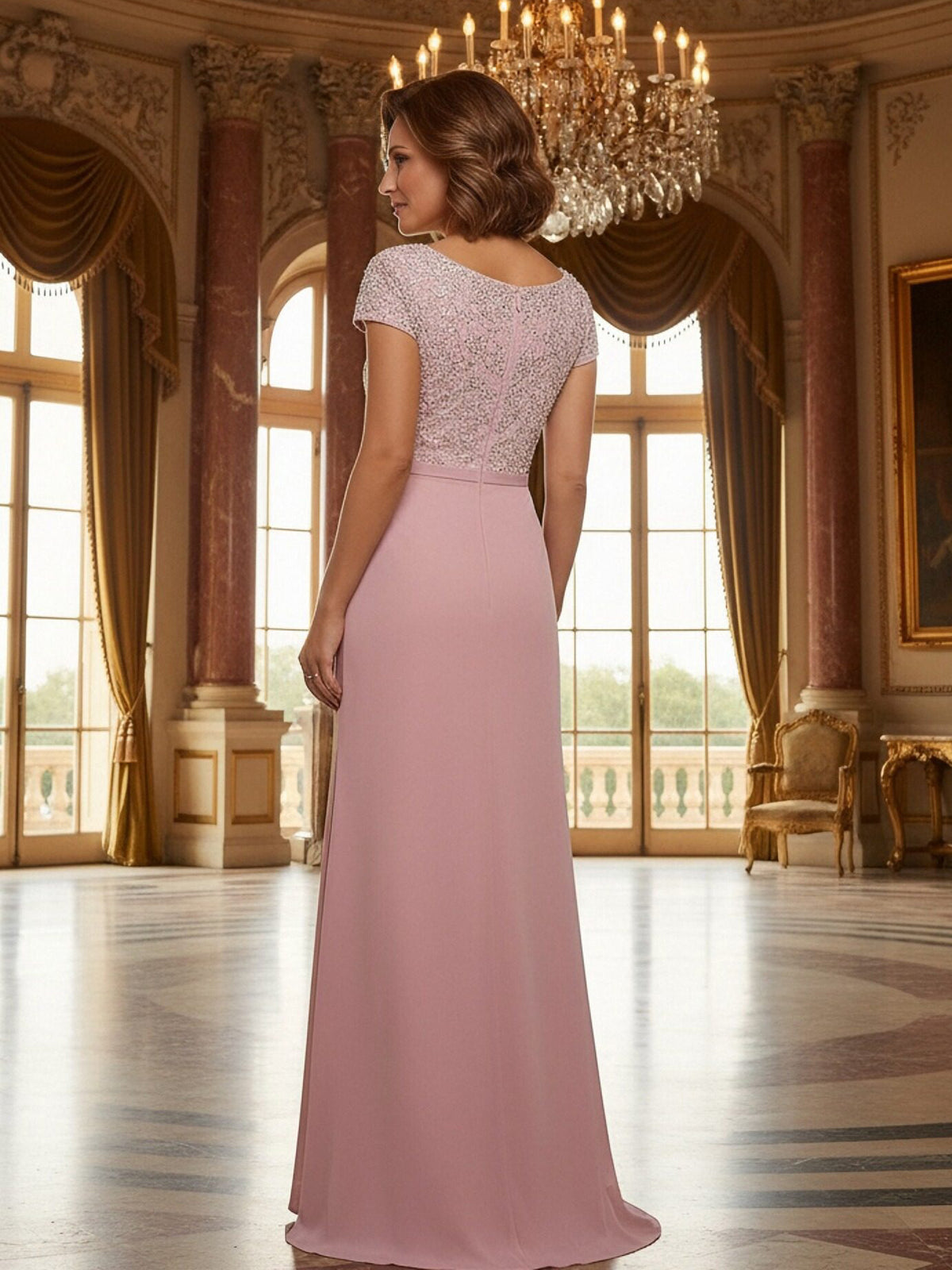 Lace Applique Square Neck Short Sleeves Mother of the Bride Dresses with Slit