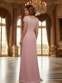 Lace Applique Square Neck Short Sleeves Mother of the Bride Dresses with Slit