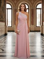 One Shoulder Lace Applique Pleated Long Mother of the Bride Dresses