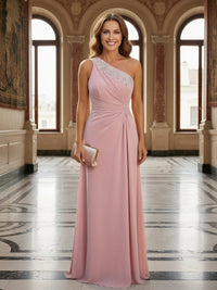 One Shoulder Lace Applique Pleated Long Mother of the Bride Dresses