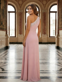 One Shoulder Lace Applique Pleated Long Mother of the Bride Dresses