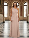 One Shoulder Lace Applique Pleated Long Mother of the Bride Dresses