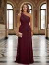 One Shoulder Lace Applique Pleated Long Mother of the Bride Dresses