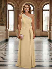 One Shoulder Lace Applique Pleated Long Mother of the Bride Dresses