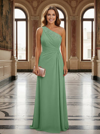 One Shoulder Lace Applique Pleated Long Mother of the Bride Dresses