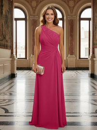 One Shoulder Lace Applique Pleated Long Mother of the Bride Dresses