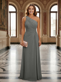 One Shoulder Lace Applique Pleated Long Mother of the Bride Dresses