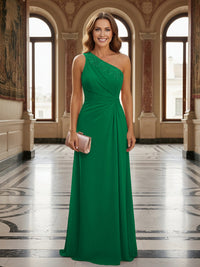 One Shoulder Lace Applique Pleated Long Mother of the Bride Dresses