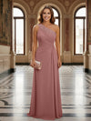 One Shoulder Lace Applique Pleated Long Mother of the Bride Dresses
