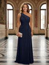 One Shoulder Lace Applique Pleated Long Mother of the Bride Dresses