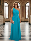 One Shoulder Lace Applique Pleated Long Mother of the Bride Dresses