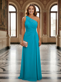 One Shoulder Lace Applique Pleated Long Mother of the Bride Dresses