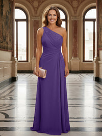 One Shoulder Lace Applique Pleated Long Mother of the Bride Dresses