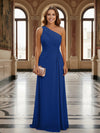 One Shoulder Lace Applique Pleated Long Mother of the Bride Dresses