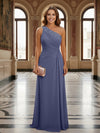 One Shoulder Lace Applique Pleated Long Mother of the Bride Dresses