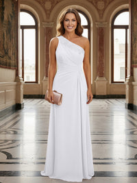 One Shoulder Lace Applique Pleated Long Mother of the Bride Dresses