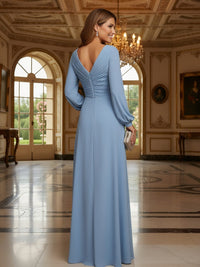 Chiffon V Neck Pleated Long Sleeves Mother of the Bride Dresses