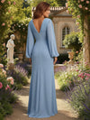 Chiffon V Neck Pleated Long Sleeves Mother of the Bride Dresses with Slit