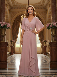 Chiffon V Neck Ruffles Short Sleeves Mother of the Bride Dresses with Beaded
