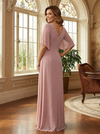 Chiffon V Neck Ruffles Short Sleeves Mother of the Bride Dresses with Beaded