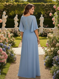 Chiffon Applique V Neck Short Sleeves Long Mother of the Bride Dresses