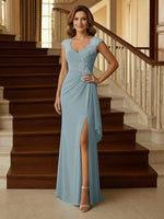 Chiffon Applique V Neck Long Mother of the Bride Dresses with Slit